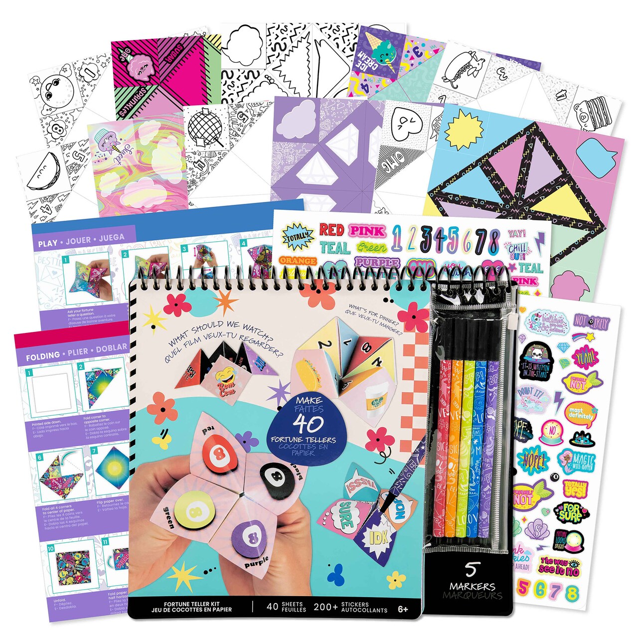 Fashion Angels: Secret Message Fortune Teller Portfolio - Design-Color-Fold, 40 Origami Paper Sheets, 200+ Stickers, 5 Markers, Girls-Tweens-Kids 6+